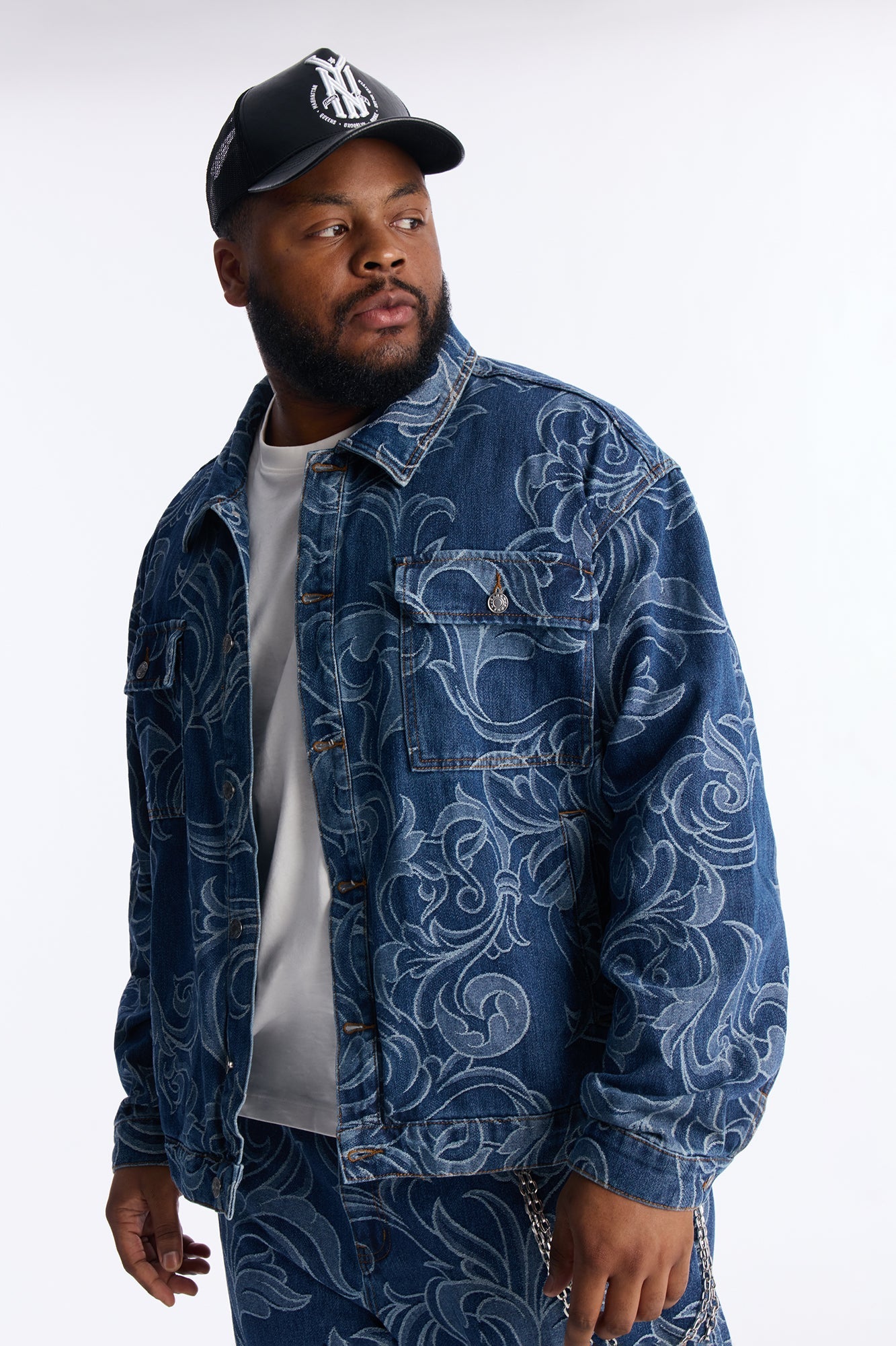 Relaxed Cropped Baroque Jacquard Denim Jacket - Medium Blue Wash Fashion Nova