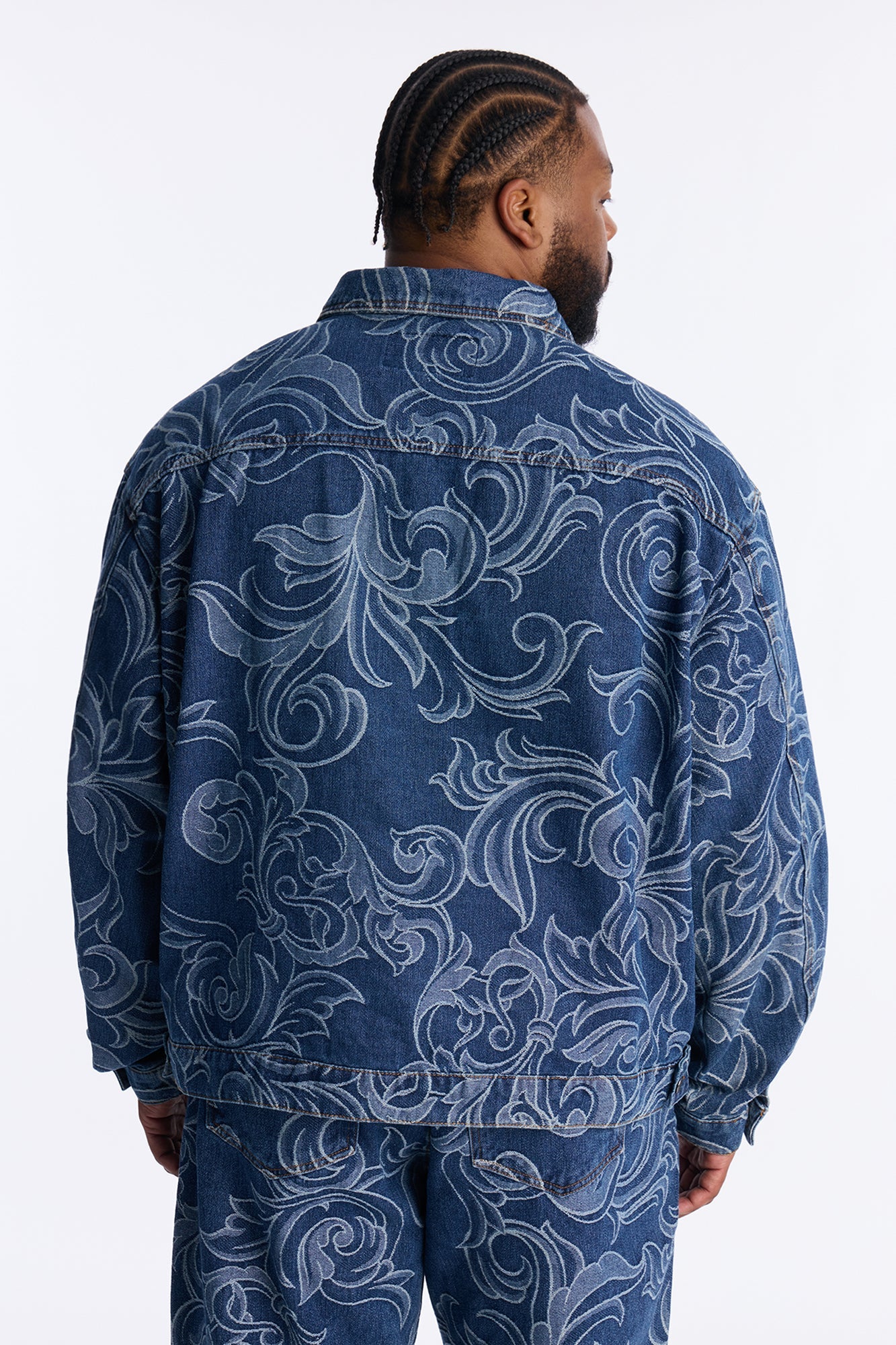 Relaxed Cropped Baroque Jacquard Denim Jacket - Medium Blue Wash Fashion Nova