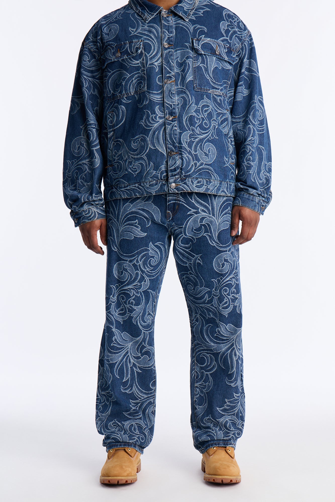 Straight Baroque Jacquard Jean - Medium Blue Wash Fashion Nova