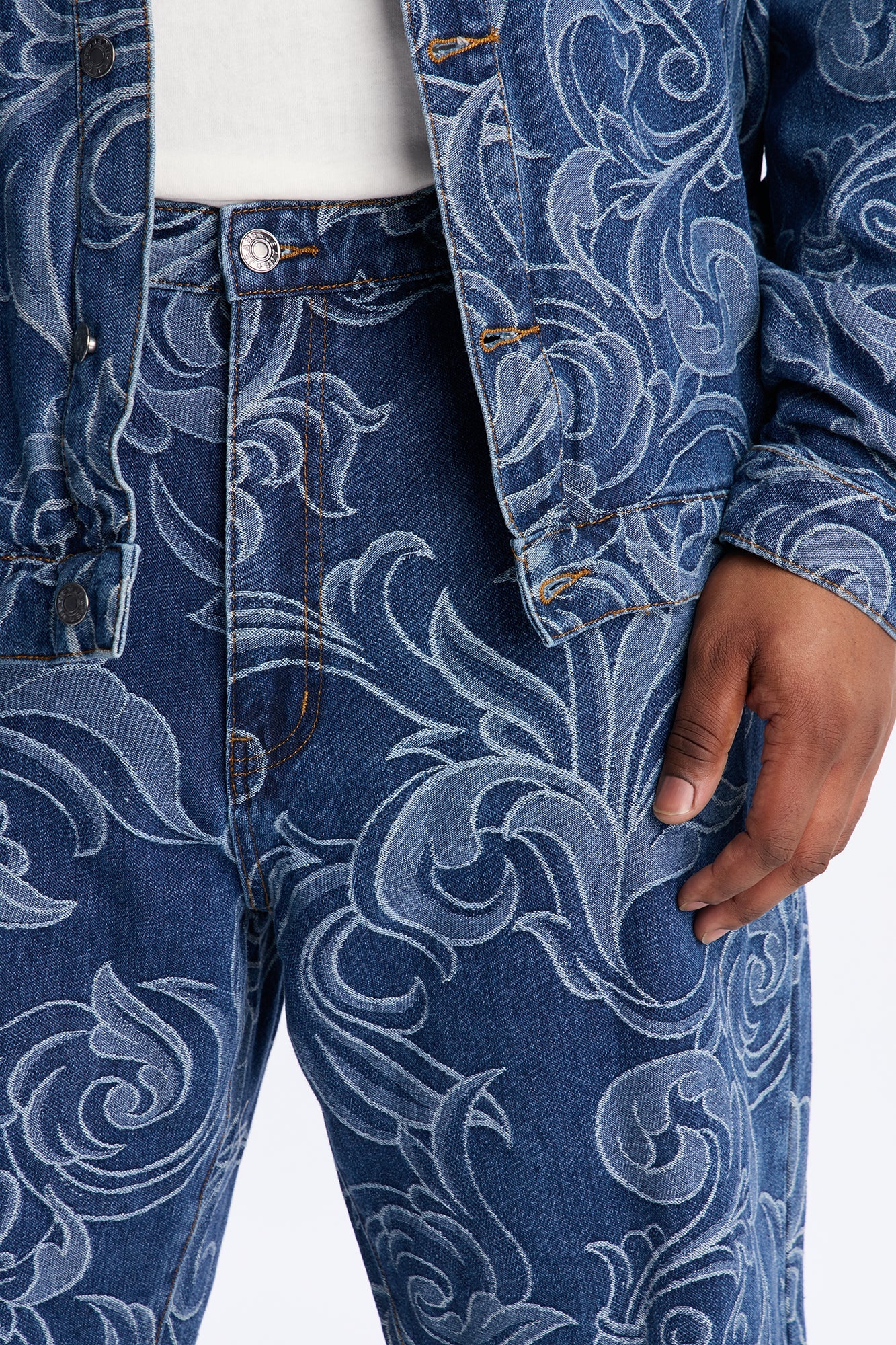Straight Baroque Jacquard Jean - Medium Blue Wash Fashion Nova
