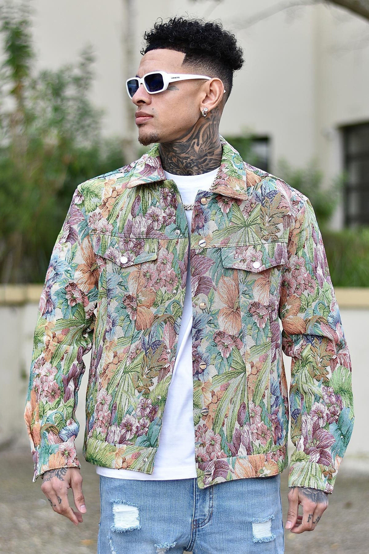 All You Need Is Tapestry Trucker Jacket - Green/combo Fashion Nova