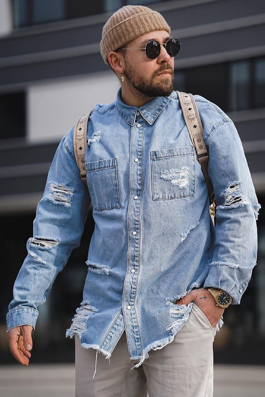 Essential Distressed Denim Woven Top - Light Wash Fashion Nova