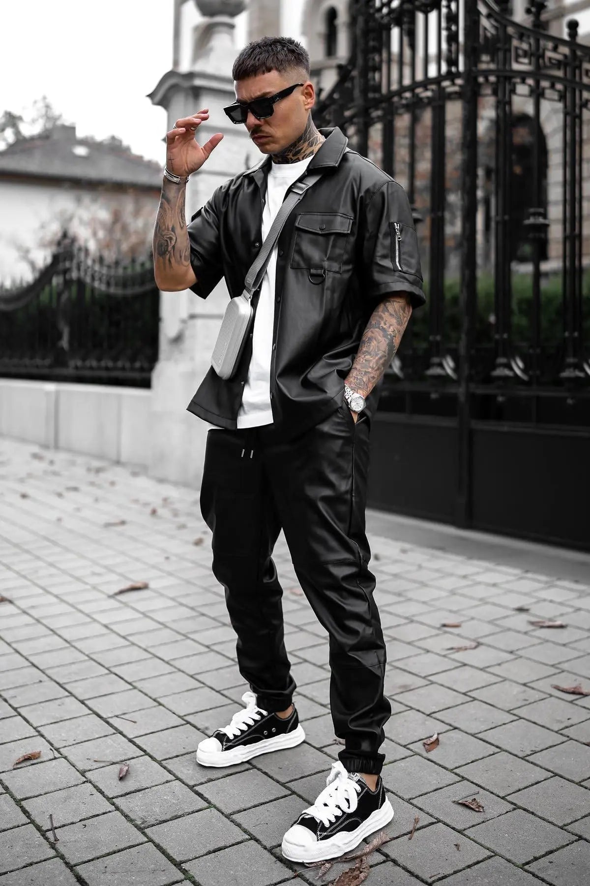 Utility Faux Leather Short Sleeve Button Up Shirt - Black Fashion Nova