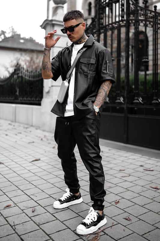 Utility Faux Leather Short Sleeve Button Up Shirt - Black Fashion Nova