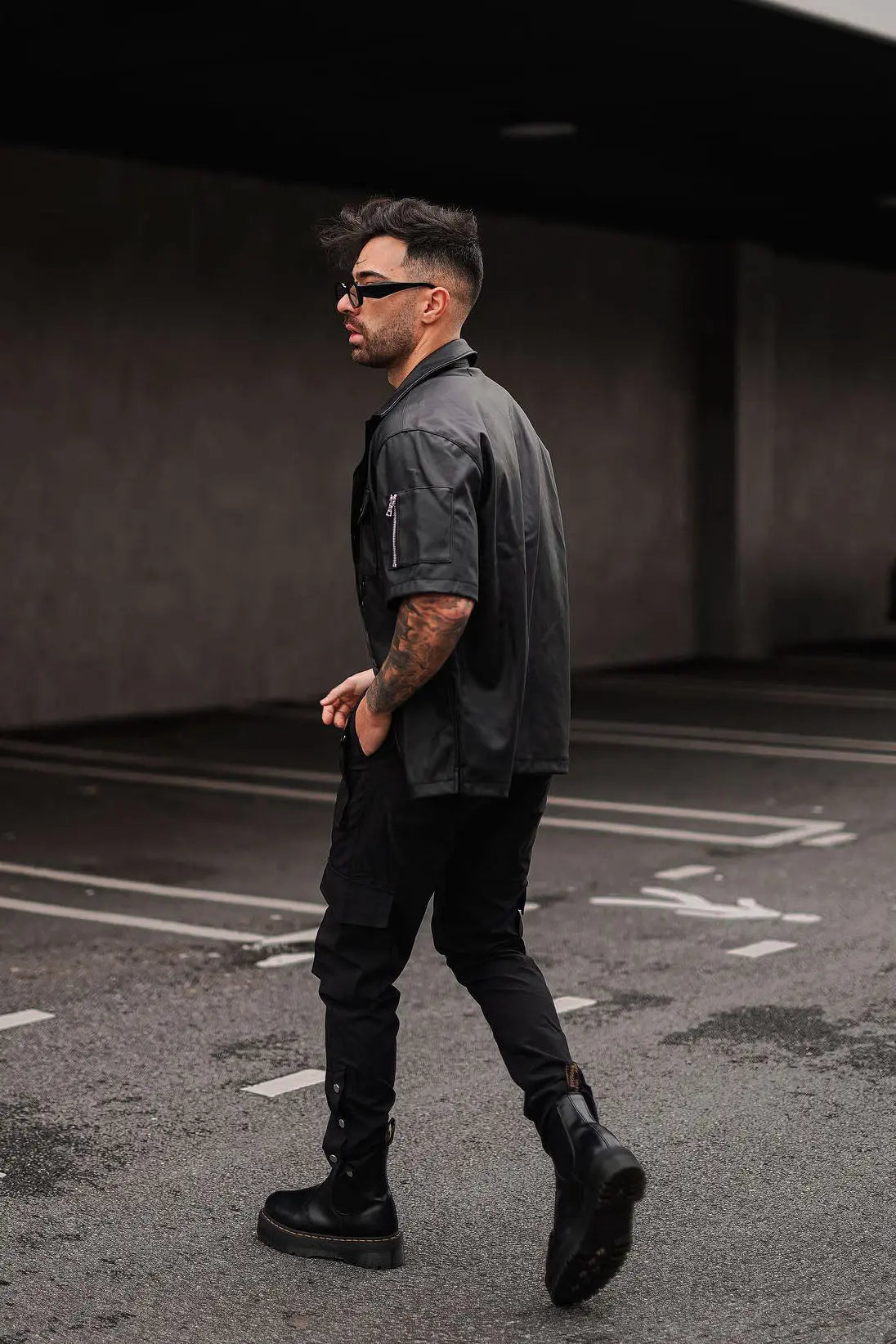 Utility Faux Leather Short Sleeve Button Up Shirt - Black Fashion Nova