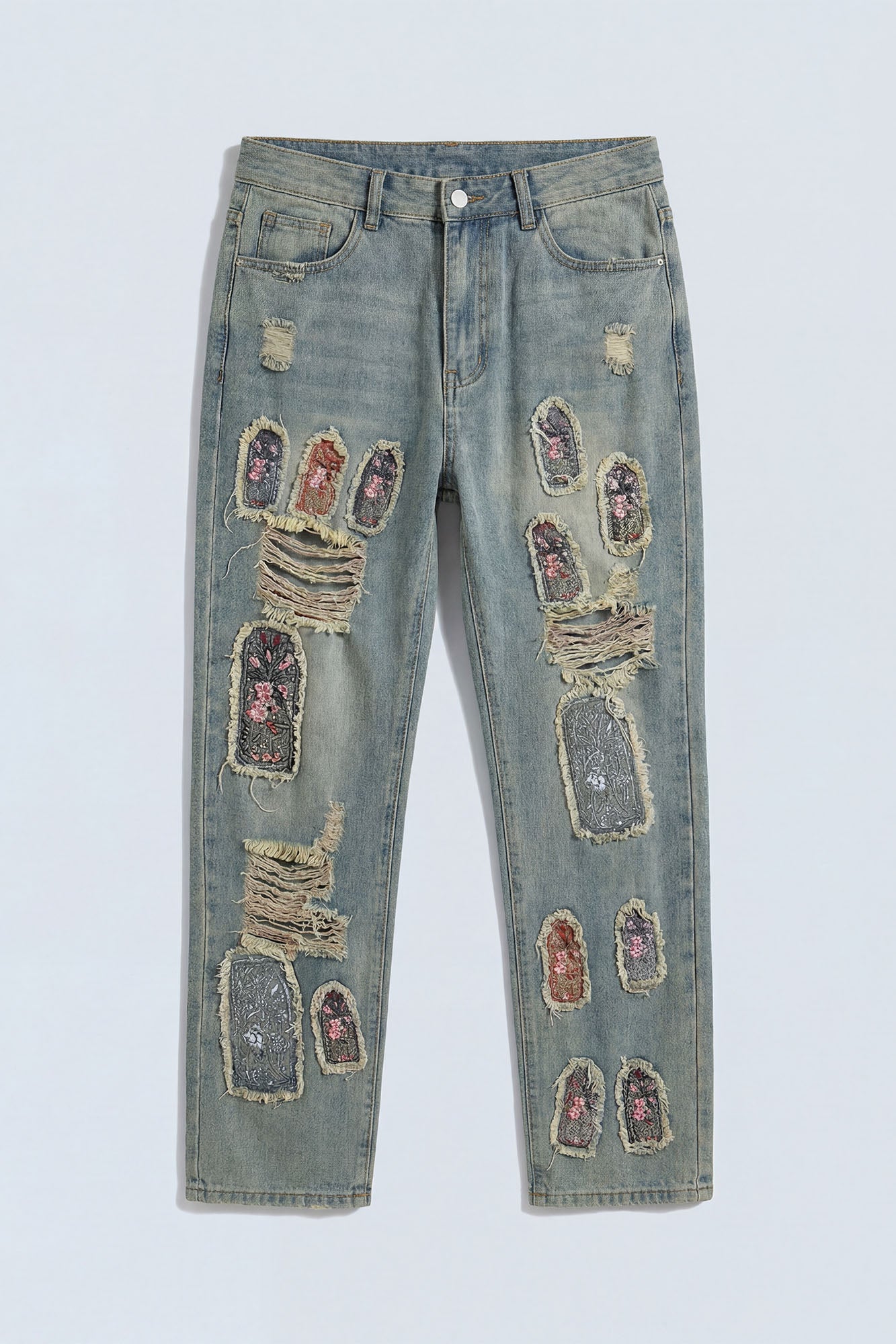 Relaxed Straight Holy Windows Patched Distressed Jean - Vintage Blue Wash Fashion Nova