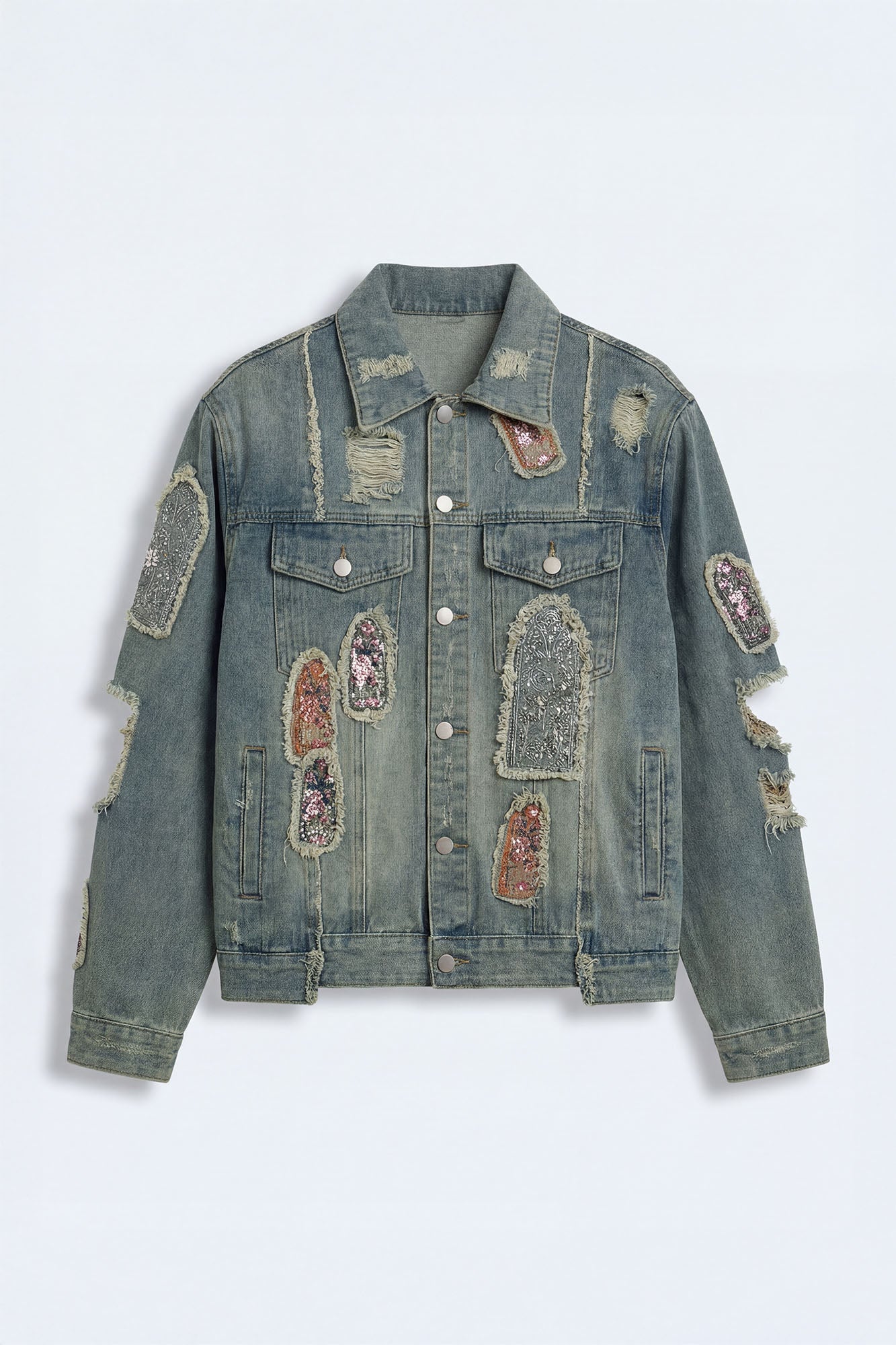 Holy Windows Patched Distressed Denim Trucker Jacket - Vintage Blue Wash Fashion Nova